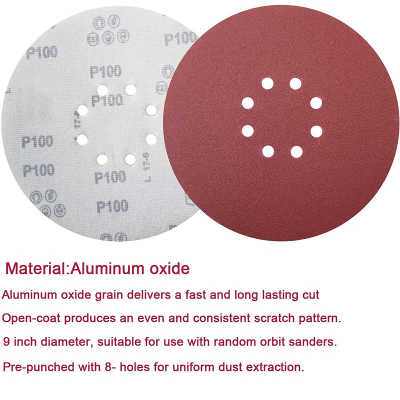 SACKORANGE 30 PCS 9 Inch 8 Hole Drywall Sanding Discs Set- 80 100 120 180 240 400 Grits, 9" Sandpaper Discs with Hook & Loop Backing, Fast Cutting Aluminum Oxide Abrasive for Drywall Power Sander, Sand Wood - Image 3